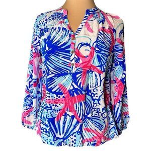 Lilly Pulitzer Sz XS 100% Silk Elsa Top Resort She Shells Top Starfish Blouse